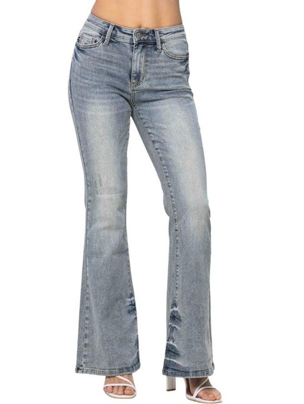 Judy Blue Mid Rise Tinted Pin Tack Detail Flare Jeans 88655 Blue Womens Size 18W
